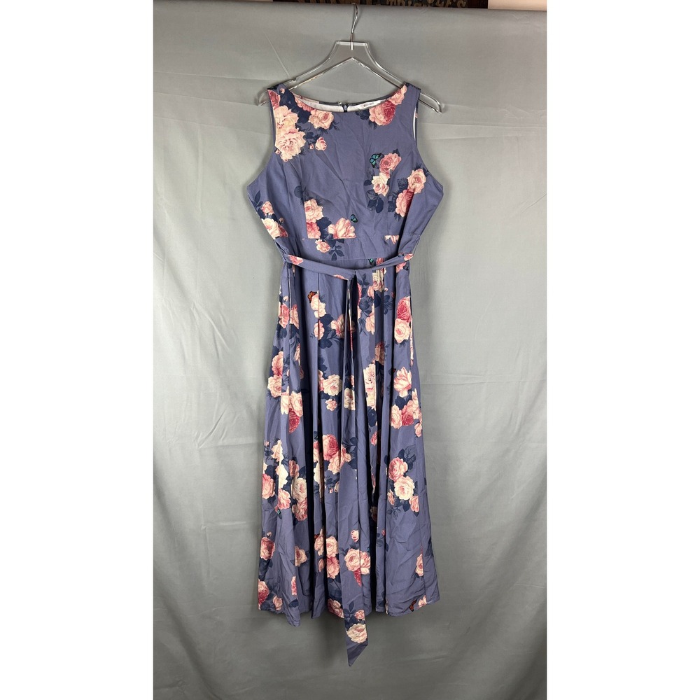 Eshakti Sleeveless Maxi Dress Womens L Purple Floral Butterfly Belted Festival